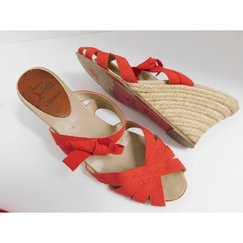 Christian Louboutin Delfin 80 Red‎ Ribbon/Rope Espadrille Sandals Wedge sz 39